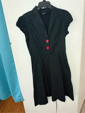Polka Dot Fit & Flare Dress with Red Button Detail